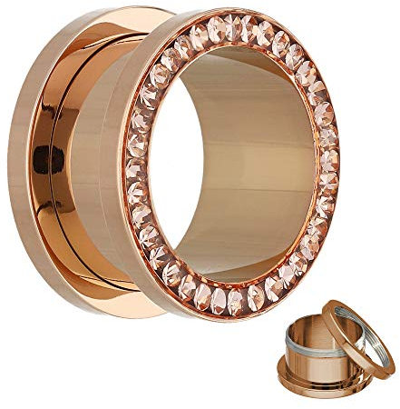 Treuheld® | 5mm Kristall Ohr Flesh Tunnel | Rosé Gold mit Pfirsichfarbenen Zirkonia Steinen | Chirurgenstahl | Gewinde Schraubverschluss | Damen