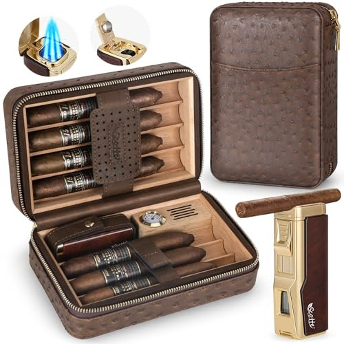 Scotte Boîte à cigares, Allume-cigares, boîte à cigares en Cuir avec humidificateur et hygromètre, Allume-cigares au Butane avec poinçon à cigares, Porte-cigares (sans Butane)