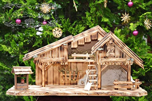 ÖLBAUM-Krippe KS70ng-OF-BRK- Große XXL 70 cm Weihnachtskrippe, mit Holz-Brunnen + Dekor, Massivholz edel GEFLAMMT