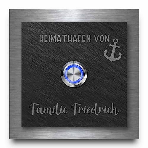Schiefer Türklingel mit Edelstahlrahmen - Klingel Modell Friedrich ab 10x10 cm | Individuell graviert mit Wunschtext und Motiven - Optional mit beleuchtetem Klingelknopf