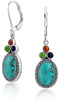 Ohrhänger im Südweststil mit stabilisiertem Türkis, ovalem Lapislazuli und Koralle für Damen aus 925er Sterlingsilber.