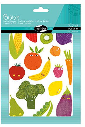 Maildor AE030O Packung Stickers Baby mit 6 Bögen in Format DIN A5, 14,8 x 21cm, ideal für Kinder ab 2 Jahren, 1 Pack, Obst und Gemüse