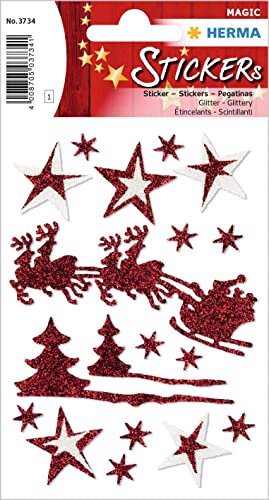 HERMA 3734 Aufkleber Weihnachtsmann mit Schlitten Glitzer klein groß, 18 Stück, Weihnachten Sticker mit Sterne Motiv, Kinder Etiketten für Weihnachtsdeko Geschenke Adventskalender Winter Dekoration