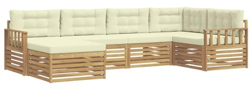 vidaXL Outdoor-Sofagarnitur mit Kissen 6 pcs Weiß und Creme Polyester, Gartenmöbel, modernes Outdoor-Sofa, langlebiges Ecksofa, Terrassenlounge für entspanntes Sitzen