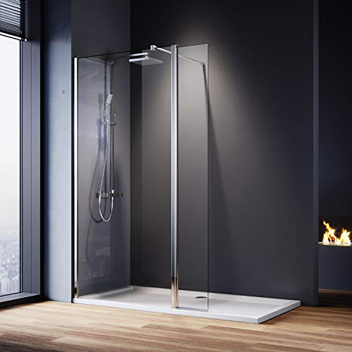 ELEGANT 1100mm Wet Room Shower Screen Panel 8mm Easy Clean Glass Walk in Shower Enclosure with 300mm Flipper Panel