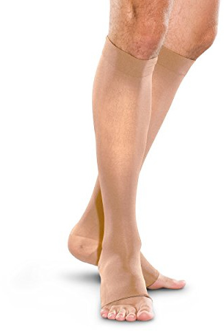 THERAFIRM Open-Toe Knee High Stockings - 20-30mmHg Moderate Compression Support Nylons (Sand, Medium)