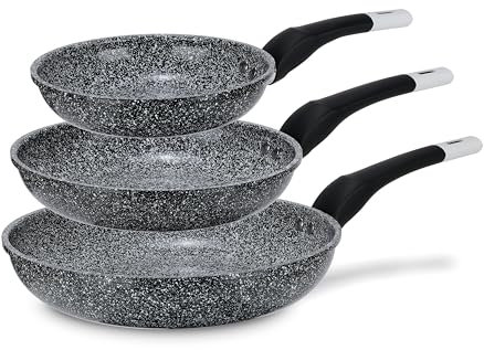 EliteHoff Pfannenset Induktion 3-teilig (20/24/28 cm), Induktionspfannen-Set, Aluminiumguss mit Antihaftbeschichtung und Silikongriff, Bratpfannenset für alle Herdarten, Grau