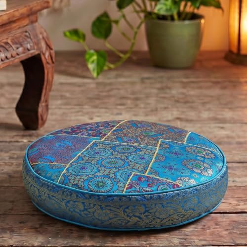 GURU SHOP Orientalisches Patchwork Kissen 40 cm, Sitzkissen, blau | Einzigartige Patchworkmuster, Reißverschluss, ideal für Entspannungsecken, vielseitig einsetzbar, Baumwollfüllung, Viskose.
