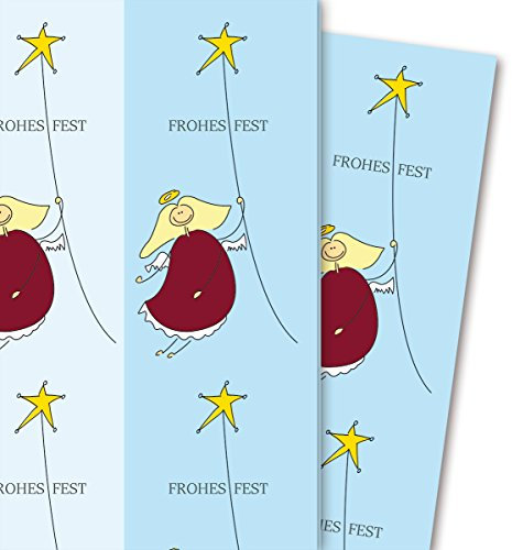 Streifen Weihnachtspapier/Geschenkpapier Sternen Engel, blau (4 Bögen, 32 x 48 cm) Dekorpapier, Papier zum Einpacken, für tolle Geschenk Verpackung und Überraschungen