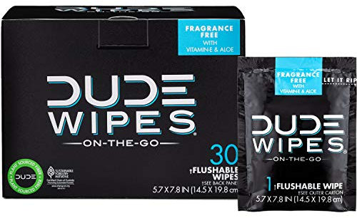 DUDE Wet Wipes, Flushable, 30 Wipes, Individually Packed for Travel, Odourless Wet Wipes with Vitamin E & Aloe, Septic Group, Sewer Safe