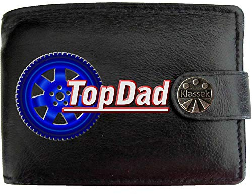 Klassek Top Dad Wheel Best Daddy Fathers Day Mens Wallet Real Black Leather RFID Blocking with Coin Pocket and Metal Gift Box
