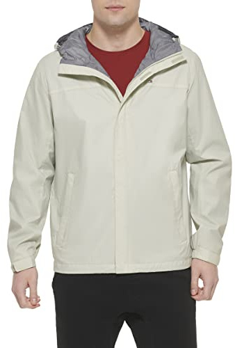 Tommy Hilfiger Men's Lightweight Breathable Waterproof Hooded Rain Jacket Raincoat, Ice, S