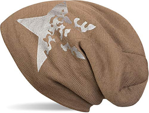 styleBREAKER warme Feinstrick Beanie Mütze mit Vintage Stern Print und sehr weichem Innenfutter, Slouch Longbeanie, Unisex 04024088, Farbe:Braun