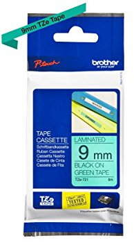 Brother Original P-touch Schriftband TZe-721 9 mm, schwarz auf grün (kompatibel u.a. mit Brother P-touch PT-H100LB/R, -H105, -E100/VP, -D200/BW/VP, -D210/VP)