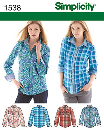 Simplicity S1538 Women's Button-Up Shirt Sewing Pattern, Fabric & Trim Variations, Sizes 14-22