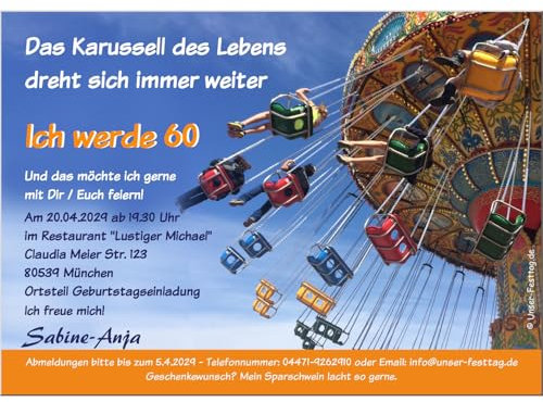 Unser-Festtag witzige Einladung zum runden Geburtstag - mit Ihrem Text - jedes Alter möglich - 30. 40. 50. 60., als digitale Datei (JPG) für WhatsApp oder gedruckt auf Feinstkarton, 1-100 Karten