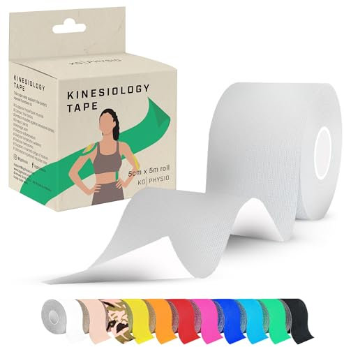 Kinesiology Tape 5m Roll [2024 Edition] - Sports and Medical Tape for Joint and Muscle Support, Multipurpose KT Tape, Body Tape, Boob Tape, Physio Tape, Sports Tape, Trans Tape, Athletic Tape - White