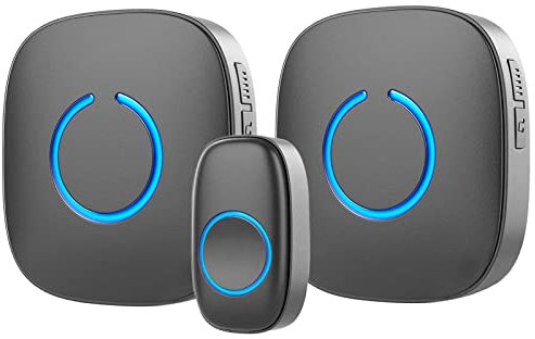 SadoTech Sonnette sans fil pour la maison – 1 sonnerie à bouton-poussoir et 2 récepteurs de carillon, fonctionne avec piles, 300,5 m, sonnette de porte étanche sans fil avec flash LED, noir mat