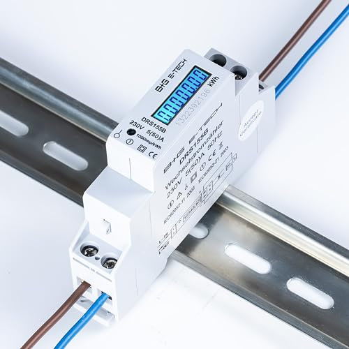 B+G E-Tech [DRS155] - LCD Digitaler Wechselstromzähler für Hutschiene, 1-Phasen Stromzähler Wattmeter mit Leistungsanzeige, S0, 1 TE, 230V 50A (DRS155B)