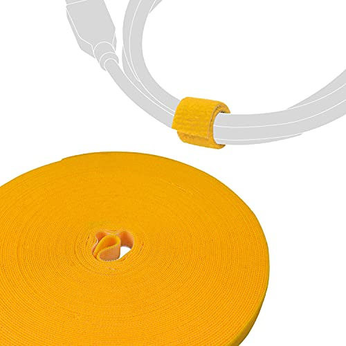 LABEL THE CABLE® 25m Klettband beidseitig gelb, Klett Kabelbinder, doppelseitig, wiederverschließbar, Klettbinder für das Perfekte Kabelmanagement, auch als Pflanzenbinder - Velours-Qualität