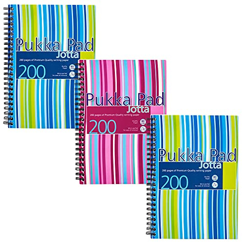 Pukka Pad, Striped Jotta Pad A5 Notebook 3-Pack with Twin Wire Binding - 200 Pages of 80GSM Paper with 8mm Lines and Perforated Edges – Assorted Colours, 21 x 14.5 cm