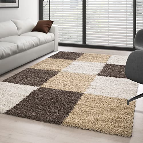 Carpettex Hochflor Teppich Wohnzimmer Shaggy Flokati Modern Kariert 200 x 290 cm Mokka - Schlafzimmer Weich Flauschig Waschbar Küche Esszimmer - Langflor