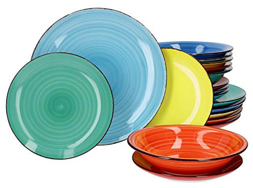MamboCat Teller-Set Colour Power Capri 18-tlg I Steingut-Geschirr handbemalt für 6 Personen - zeitlos-elegantes Design I 6x Speiseteller 6x Kuchenteller 6x Suppenteller I Teller-Service 18 Teile