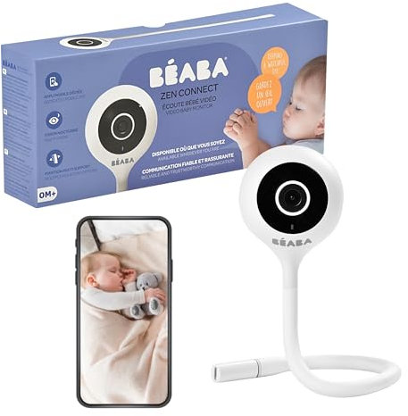 BÉABA - Babyphone Zen Connect - Video-Babyphone - 1080 p Full-HD-Kamera - Walkie-Talkie, große Reichweite - Verbindung mit Mobilnetzwerk und WLAN möglich - Schlaflieder, flexible Stange - Weiß