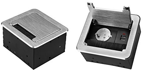 Einbausteckdose 2-4-fach & 2 Farben auswählbar Tischsteckdose Bodensteckdose (1x 230V + 2x USB, Silber)