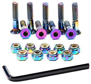 Skateboard Hardware 9PCS Bolts Set Deck Mounting Screws Nuts Hex Key Skate Parts Outfits Dazzling Color Fasteners Longboard Cruiser Best Mounting 1-1/4, 1, 7/8 (1.0)