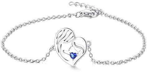 YL Mutter und Tochter Armband 925 Sterling Silber Schnitt September Geburtsstein Spinellblau Herz Armband für Mutter Damen
