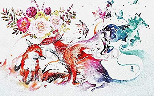 Hand Painted Watercolor Flower Animal Fox Abstract Art Wallpaper Wall Wallpaper Decoration 3D Wallpaper Paste Living Room The Wall for Bedroom Mural-400cm×280cm