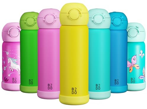 B2DO Isotherme 316 Gourde Enfant 500ml Jaune | Bouteille Isotherme Antifuite et Isolée pour École | Gourde sans BPA avec Paille pour Enfants