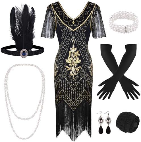 FEPITO 1920er Jahre V-Ausschnitt Pailletten Perlen Fransen Kleid mit 20er Jahre Accessoires Set (Medium, Black Gold)