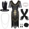 FEPITO 1920er Jahre V-Ausschnitt Pailletten Perlen Fransen Kleid mit 20er Jahre Accessoires Set (Medium, Black Gold)
