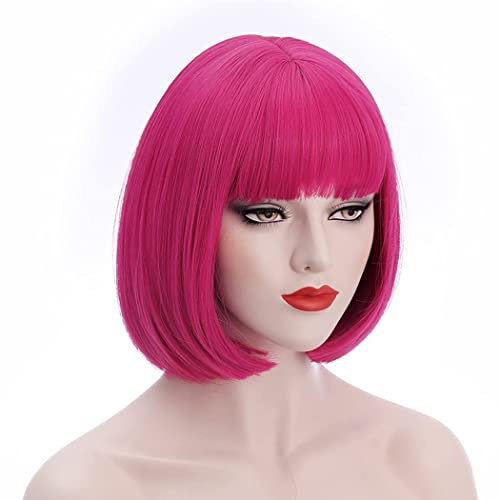Perücke Rot für Damen kurz Bob mit Pony Bunt Rosa Kostüm Cosplay Perücken für Frauen Dress Up Fasching Halloween Lotia Anime Wig mit Perückenkappe 047D