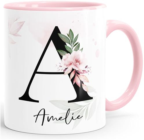 SpecialMe® Kaffee-Tasse mit Buchstabe Monogramm personalisiert mit Namen Initiale Blumen-Motiv persönliche Geschenke Blumenhintergrund rosa Keramik-Tasse
