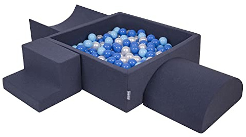 KiddyMoon Area di Gioco in Schiuma con Quadrato Piscina di Palline (200 Palline) per Bambini, Blu Scuro:Azzurro/Blu/Perla
