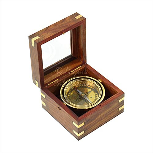 Bussola nautica realizzata a mano con giunto cardanico montato in una scatola di legno di palissandro con coperchio in vetro sulla parte superiore, attrezzatura vintage da campeggio all'aperto, idee