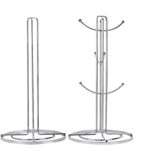 Royal Cuisine Set of Stainless Steel Coffee Tea Mug Tree and Kitchen Roll Holder Mug Hanger Stand Paper Towel Holder Tea Coffee Cup Holder with 6 Hooks Kitchen Towel Holders Mug Holder Kitchenware