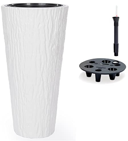 Pot de fleurs rond fin avec système d'irrigation, effet 3D, couleur : blanc, diamètre x hauteur : 40 x 79 cm, haut
