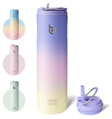 BOTTLE BOTTLE Bouteille d'eau isotherme en acier inoxydable à double paroi sous vide avec couvercle à paille et poignée pour sport, voyage, salle de sport,Anti-fuite,Sans BPA (violet/rose/jaune)
