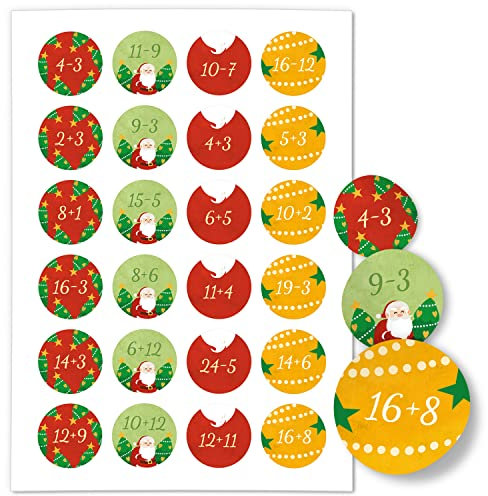 Adventskalender-Zahlen Aufkleber 1 bis 24 / Zahlen Rechnen Mathe Aufhaben rot gelb grün/Etiketten/Sticker/Weihnachtskalender/Advent/Rund/DIY/zum Aufkleben
