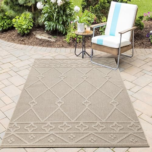 HomebyHome In & Outdoor Bouclé Teppich wetterfest Beige 140x200 cm Skandinavische Boho Design 3D Hoch Tief Effekt geeignet für Küche Wohnzimmer oder Terrasse
