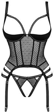 Selente Love & Fun 3-teiliges Damen Dessous-Set aus Corsage mit Strapshaltern, Slip und Satin-Augenbinde (M/L, Schwarz-Mesch-Ouvert)