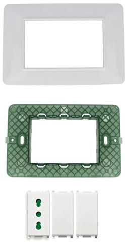 Di Tutto Per Tutti® - Set Completo 5 Pezzi, Placca 3M Da 3 Posti, Supporto 3M 3 Posti, Bipasso Bivalente 2P+T 16A, 2 Copriforo 1M Falso Polo Compatibile Vimar Plana Bianco