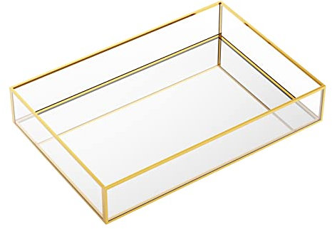 MoYouno Joyero, bandeja de cristal dorado con espejo, caja de almacenamiento de vidrio de metal vintage, bandeja decorativa para joyas de perfume, caja de exhibición de cosméticos, para tocador,