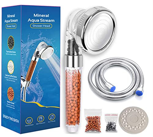 Duschkopf mit Schlauch 2M, Wassersparend Duschbrause mit Mineralsteinen Ionen Handbrause Druckerhöhung Shower Head Duschköpfe, Brausekopf Dusche 3 Strahlarten mit Kalkfilter