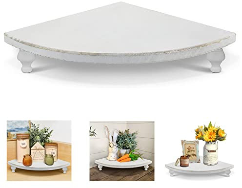 Wanwanzi Wood Corner Counter Shelf Decorative Wood Riser for Display,Rustic Wooden Farmhouse Pedestal Stand,Fan-shaped decorative tray（White）