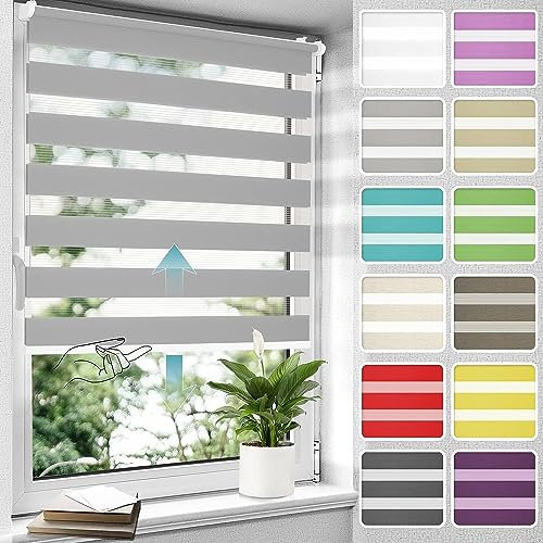 Allesin Doppelrollo schnurlos Klemmfix ohne Bohren Duo Rollos für Fenster, 110x150cm (BxH), Grau, Drücken Und Ziehen Springrollos Klemmrollo Fensterrollo ohne Schnur lichtdurchlässig & Blickdicht